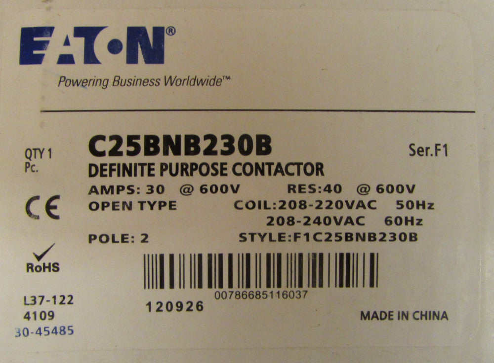 EATON CUTLER HAMMER C25BNB230B 2 Pole 30 Amp 208 240 VAC Contactor