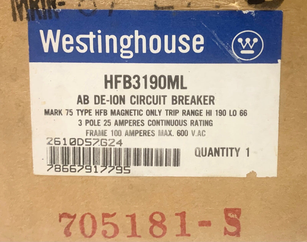 WESTINGHOUSE CUTLER HAMMER HFB3190ML 3 Pole 25 AMP Type HFB Circuit Breaker