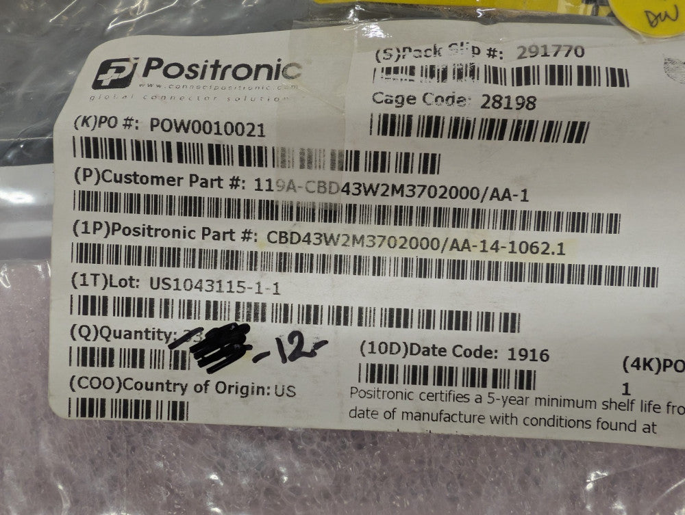 New, Positronic, CBD43W2M3702000/AA-14-1062.1, CONN D-SUB PLUG 43POS VERT SLDR