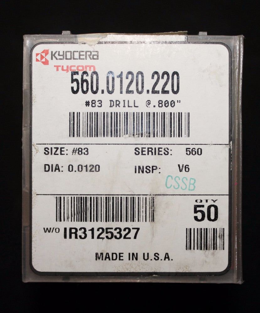 KYOCERA TYCOM 560.0120.220 #83 Drill @.800" 0.0120 Dia IR3125327 560 0120 220