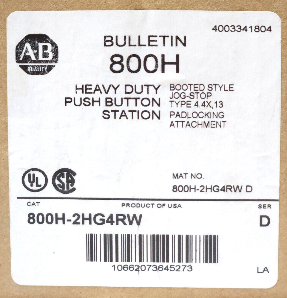 ALLEN BRADLEY 800H 2HG4RW Heavy Duty Pushbutton Station Enclosure BLACK JOG Red