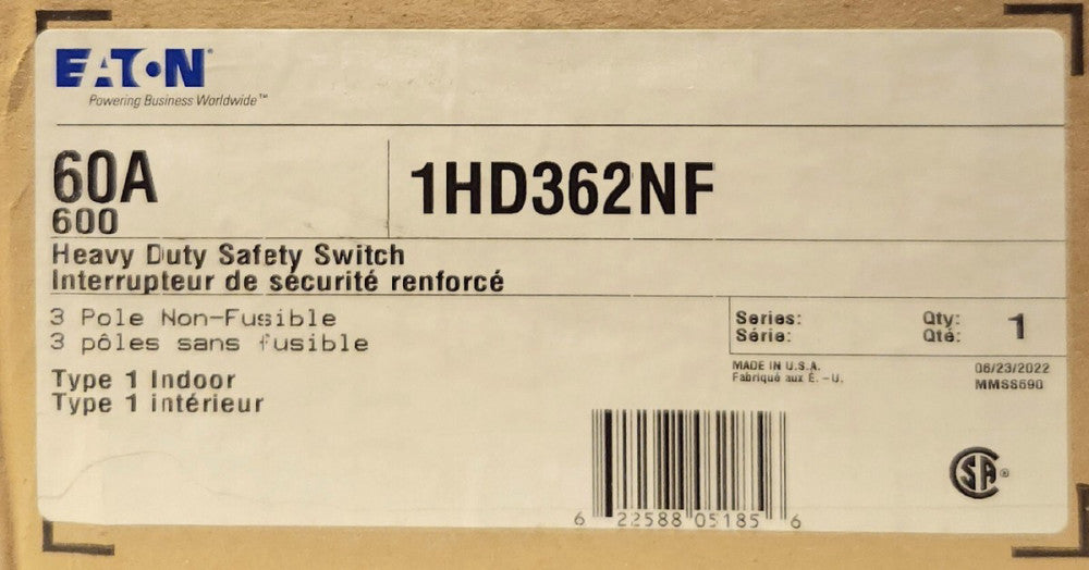 EATON CUTLER HAMMER 1HD362NF 3 Pole 60 AMP Nema 1 Safety Switch 600 VAC Indoor