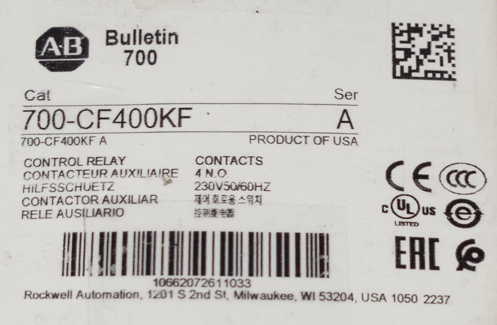 ALLEN BRADLEY 700 CF400KF 230 VAC 4 NO Control Relay