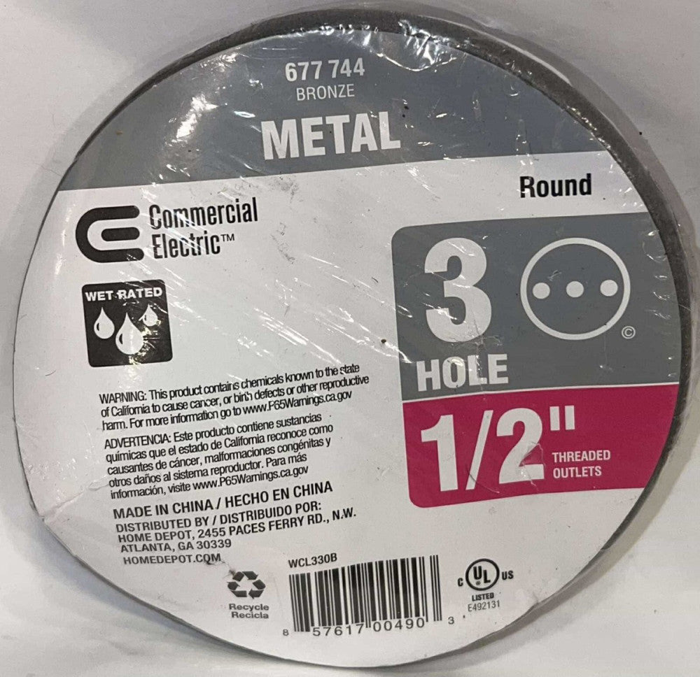 COMMERCIAL ELECTRIC 677 744 Bronze Metal Round 3 Hole 1/2" Thread Outlet WCL330B