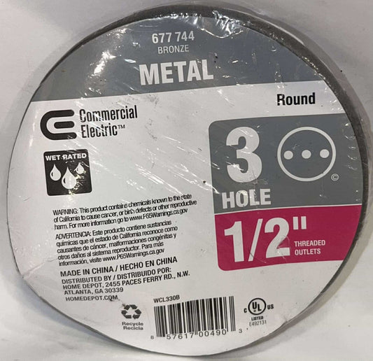 COMMERCIAL ELECTRIC 677 744 Bronze Metal Round 3 Hole 1/2" Thread Outlet WCL330B