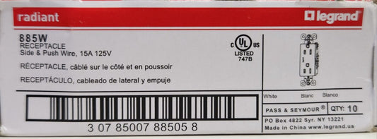 BOX OF 10 LEGRAND RADIANT 885W 15 AMP 125 VAC Receptacle Side & Push Wire White