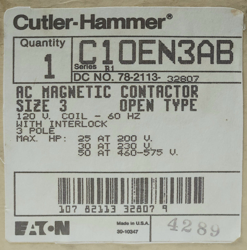 EATON CUTLER HAMMER C10EN3AB 3 Pole 120 VAC Size 3 C10EN3 Contactor 25-50 HP