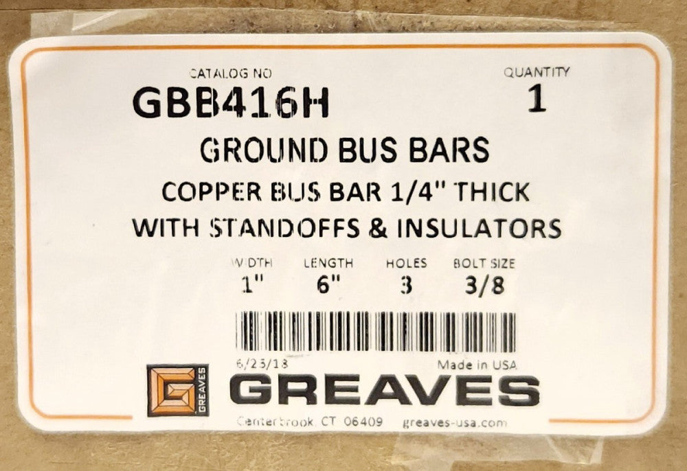 GREAVES GBB416H HARGER Ground Bus Bar Assembly Copper CU 1/4" Thick