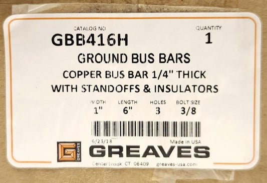 GREAVES GBB416H HARGER Ground Bus Bar Assembly Copper CU 1/4" Thick