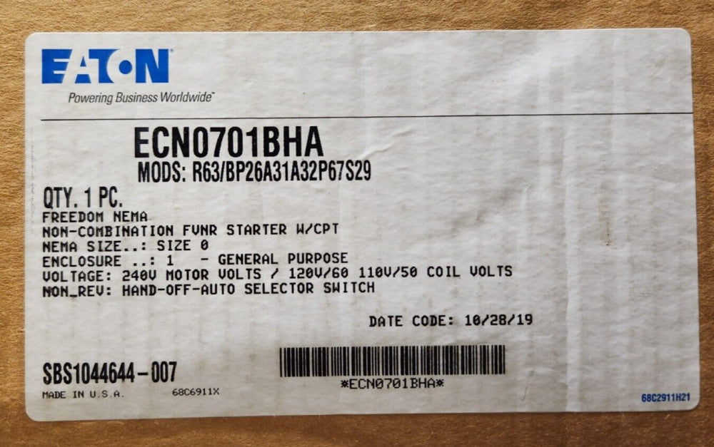 EATON CUTLER HAMMER ECN0701BHA 120 VAC AN19BN0 Size 0 Starter 240 Volt Control