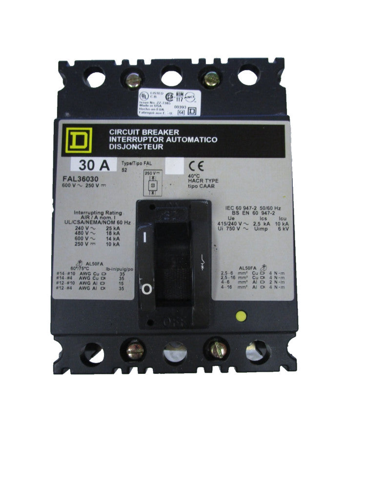 Square D FAL36030 Circuit Breaker 30A amp 600Vac 3 Pole