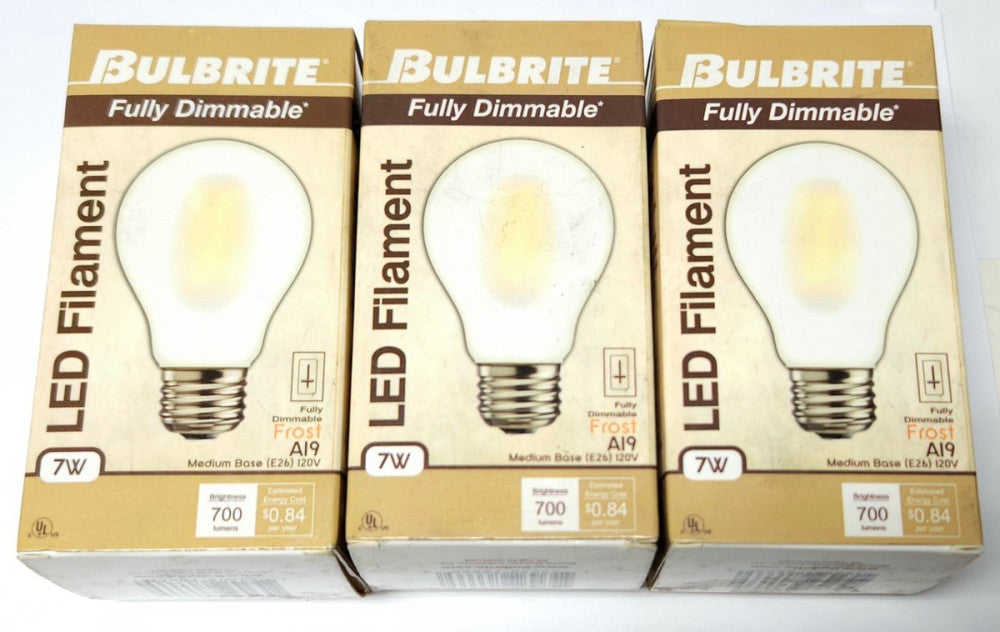LOT OF 3 BULBRITE 776666 FROST Fully Dimmable LED7A19 27K FIL F 2 120 VAC A19