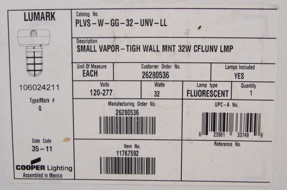 LUMARK COOPER PLVS W GG 32 UNV LL 120-277V 32W Light Fixture Small Vapor Wall