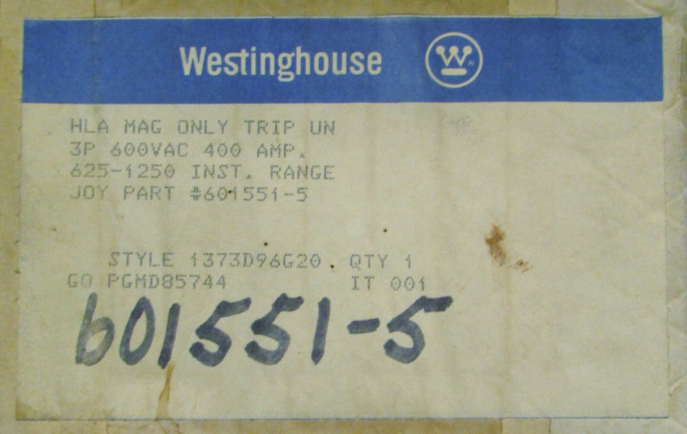 WESTINGHOUSE LA HLA 400 Amp Mag Only 625-1250 Trip Unit 1373D96G20
