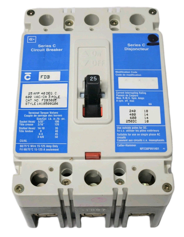 EATON CUTLER HAMMER FDB3025 3 Pole 25 AMP Type FDB Circuit Breaker French Canadi