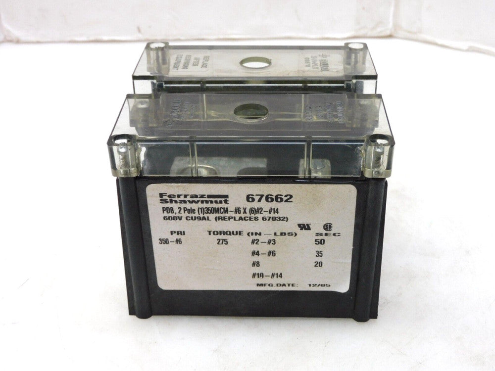 FERRAZ SHAWMUT GOULD 67662 POWER DISTRIBUTION BLOCK 2 POLE 600V