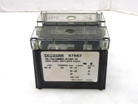 FERRAZ SHAWMUT GOULD 67662 POWER DISTRIBUTION BLOCK 2 POLE 600V