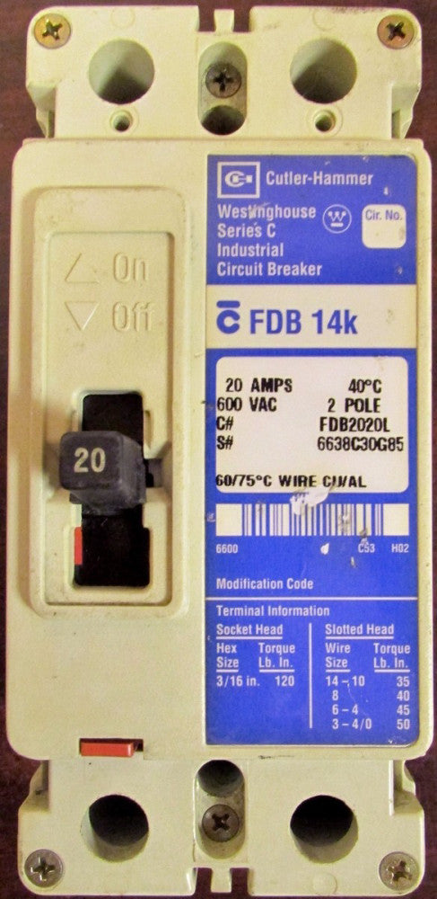 CUTLER HAMMER WESTINGHOUSE FDB Breaker 2 Pole 20 Amp FDB2020L