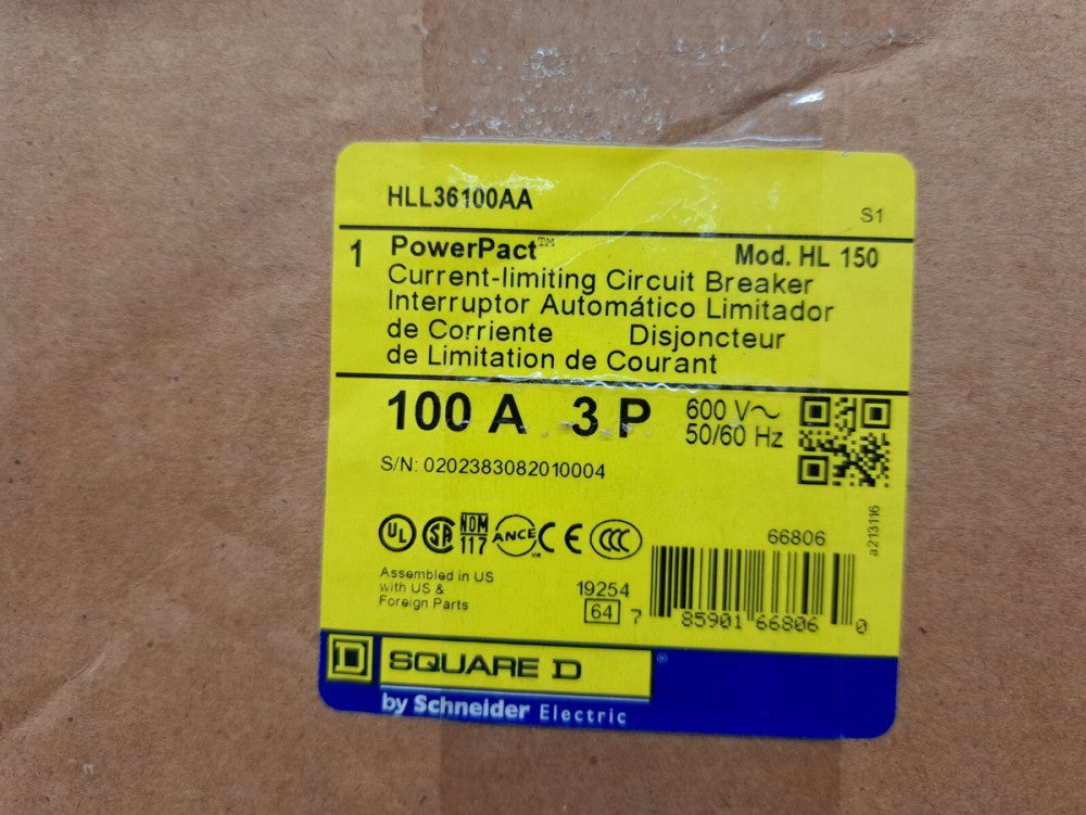 New, Schneider Electric, HLL36100AA, Molded Case Circuit Breaker 600V 100A
