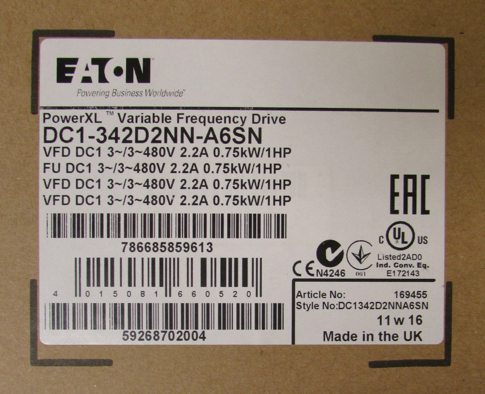 EATON DC1 342D2NN A6SN 1HP 480V Power XL DC1 Variable Frequency Drive VFD