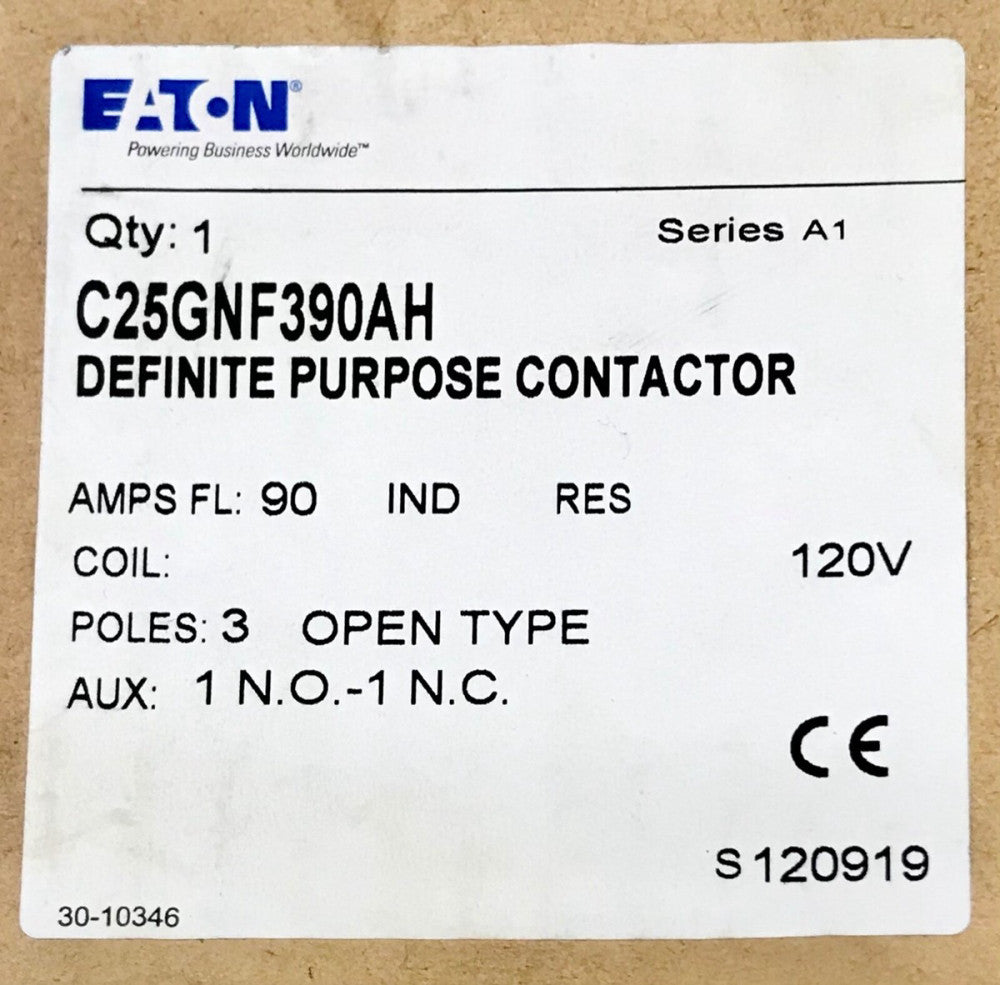 EATON C25GNF390AH 3 Pole 90 AMP 120 VAC Definite Purpose Contactor