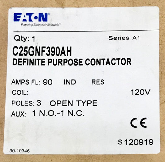 EATON C25GNF390AH 3 Pole 90 AMP 120 VAC Definite Purpose Contactor