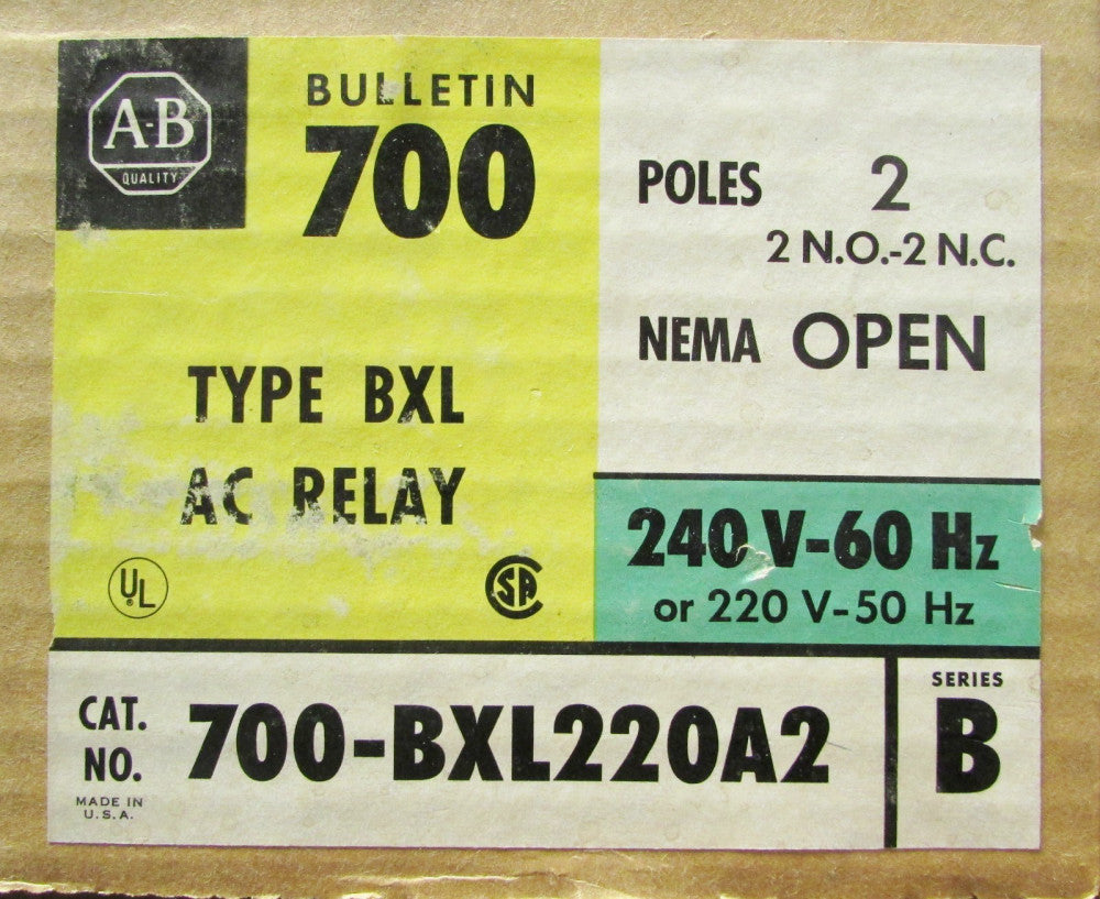 ALLEN BRADLEY Open Type BXC AC Relay 220/240V 2 Pole 700 BXL220A2