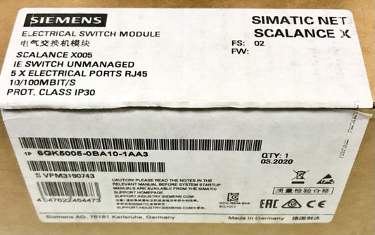 SIEMENS 6GK5005 OBA1O 1AA3 SIMATIC NET SCALANCE X005 5 Port RJ45 Switch Module