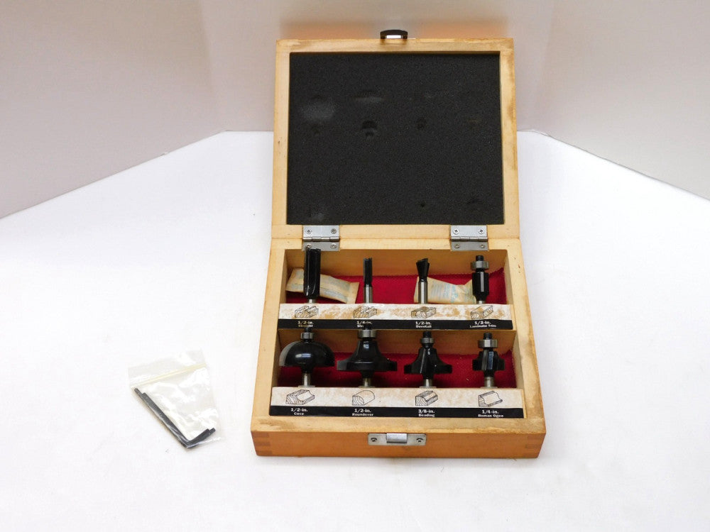 CRAFTSMAN 8 PIECE CARBIDE TIPPED ROUTER BIT SET W/ WOODEN BOX & ALLEN WRENCH