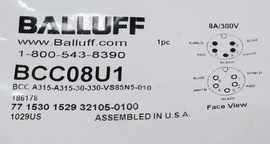 BALLUFF BCC08U1 Five Pin Male and Female Double Ended Cable 8 AMP 300 Volt BCC A