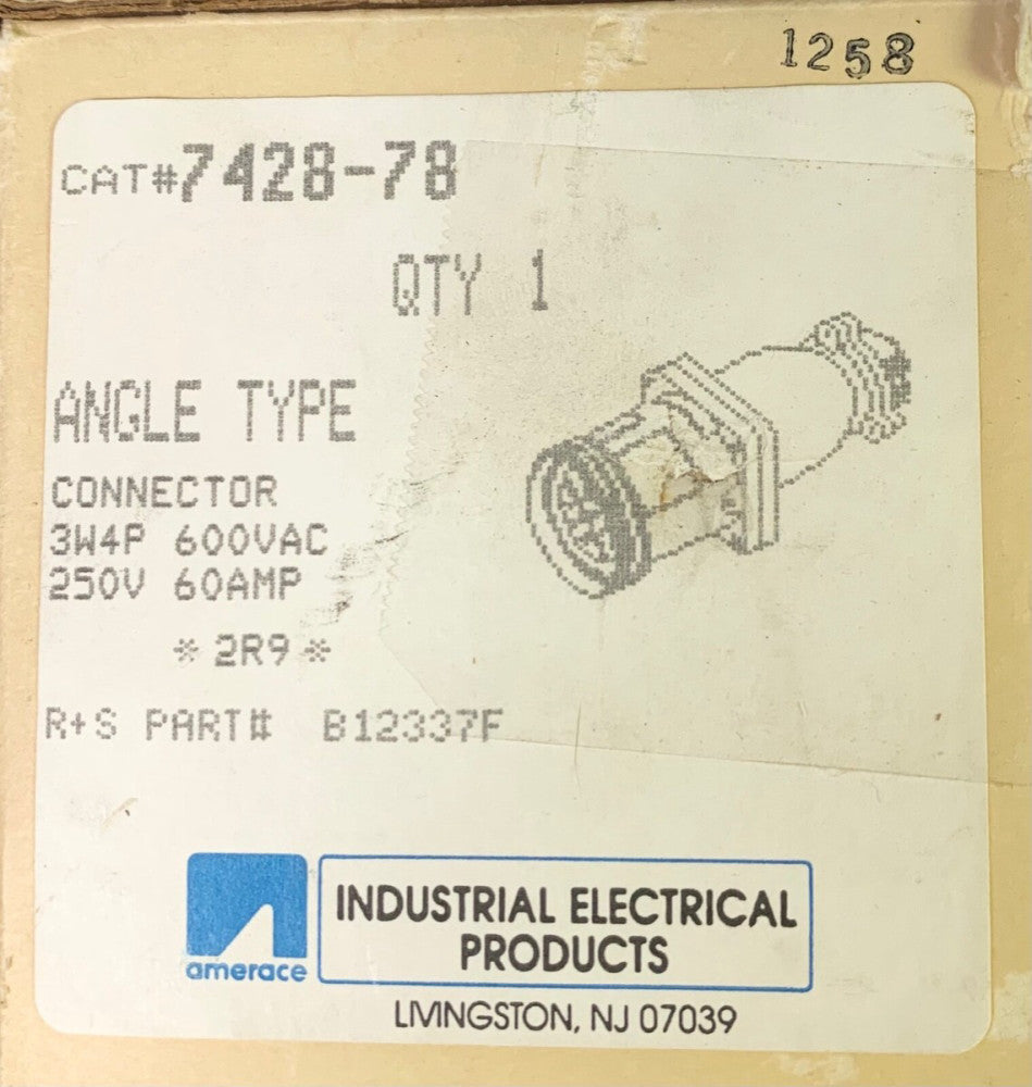 HUBBELL RUSSELL STOLL AMERACE 7428-78 3 Wire 4 Pole 60 AMP Receptacle Angle Type