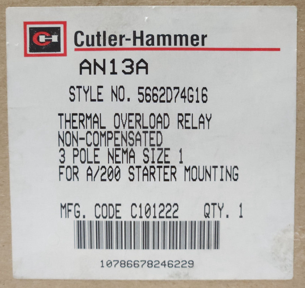 EATON CUTLER HAMMER AN13A 3 Pole Thermal Overload Relay A200 Size 1 5662D74G17 S