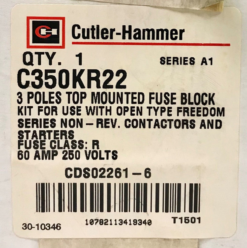 EATON CUTLER HAMMER C350KR22 3 Pole TOP Mounted Fuse Block 60 AMP 250 Volt R2506
