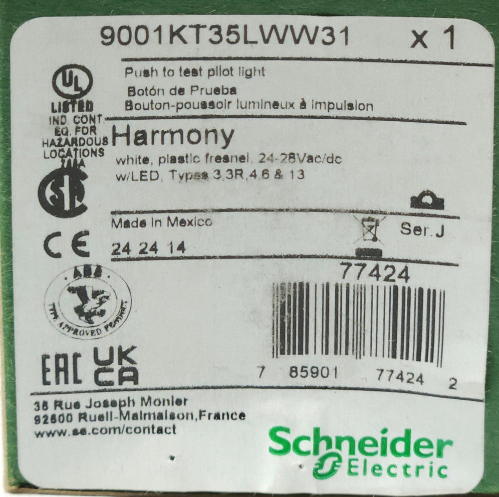 SCHNEIDER ELECTRIC 9001KT35LWW31 WHITE Push to Test Pilot Light 24-28 VAC VDC Pu