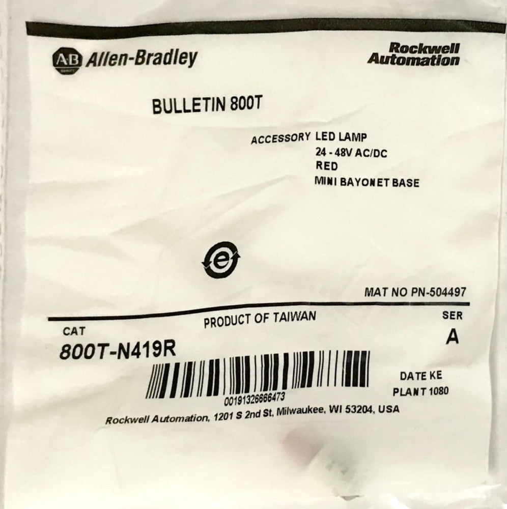 ALLEN BRADLEY 800T N419R 24-48 VAC VDC RED LED Lamp Bulb