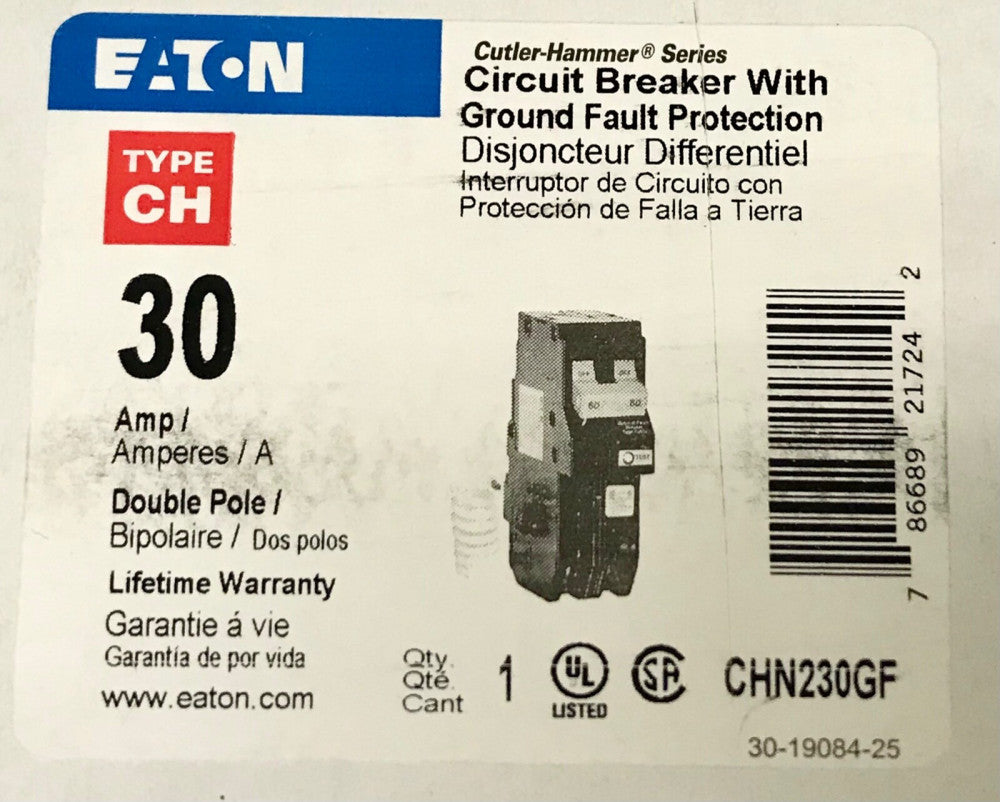 EATON CUTLER HAMMER CHN230GF 2 Pole 30 AMP Type CH Ground Fault