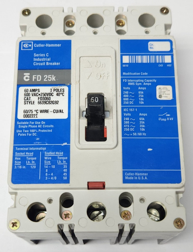 EATON CUTLER HAMMER FD3060 3 Pole 60 AMP Type FD Circuit Breaker