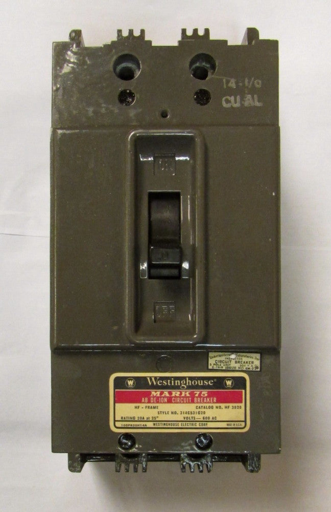 WESTINGHOUSE HF3020 Type HF Frame Circuit Breaker 3 Pole 20 Amp 314C531G20