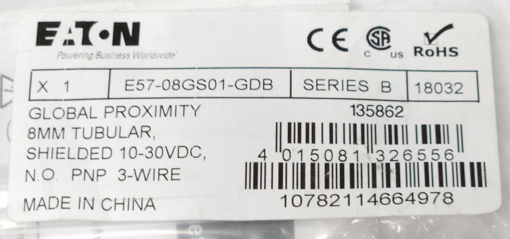 EATON E57 08GS01 GDB 8mm Global Proximity Sensor Tubular 10-30 VDC NO PNP 3-WIRE
