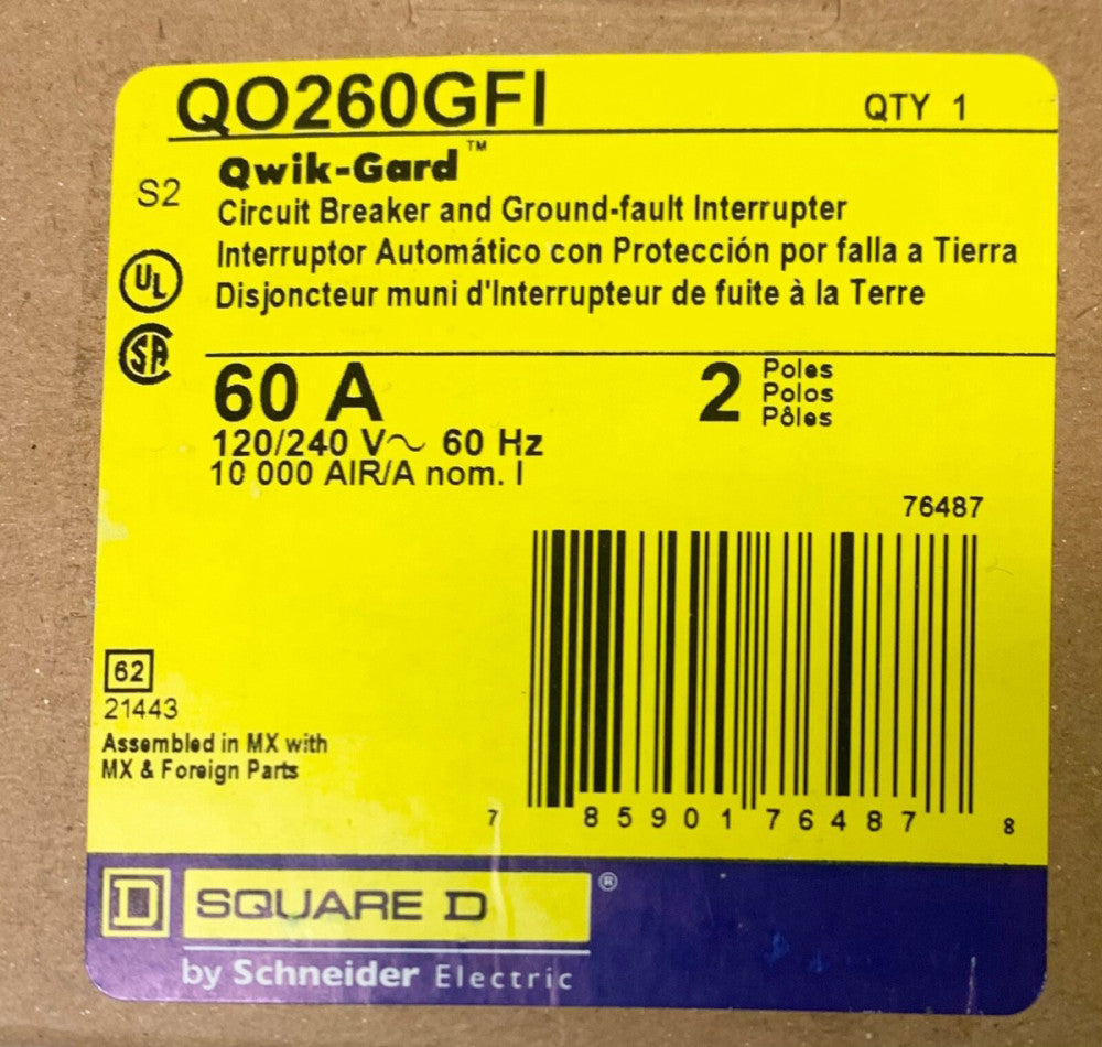 SQUARE D QO260GFI 2 Pole 60 AMP Type QO Ground Fault Circuit Breaker Qwik Guard