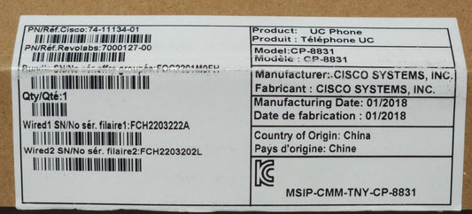 CISCO ANATEL 74 11134 01 CP MIC WIRED S V01 CP-8831 7000127 00