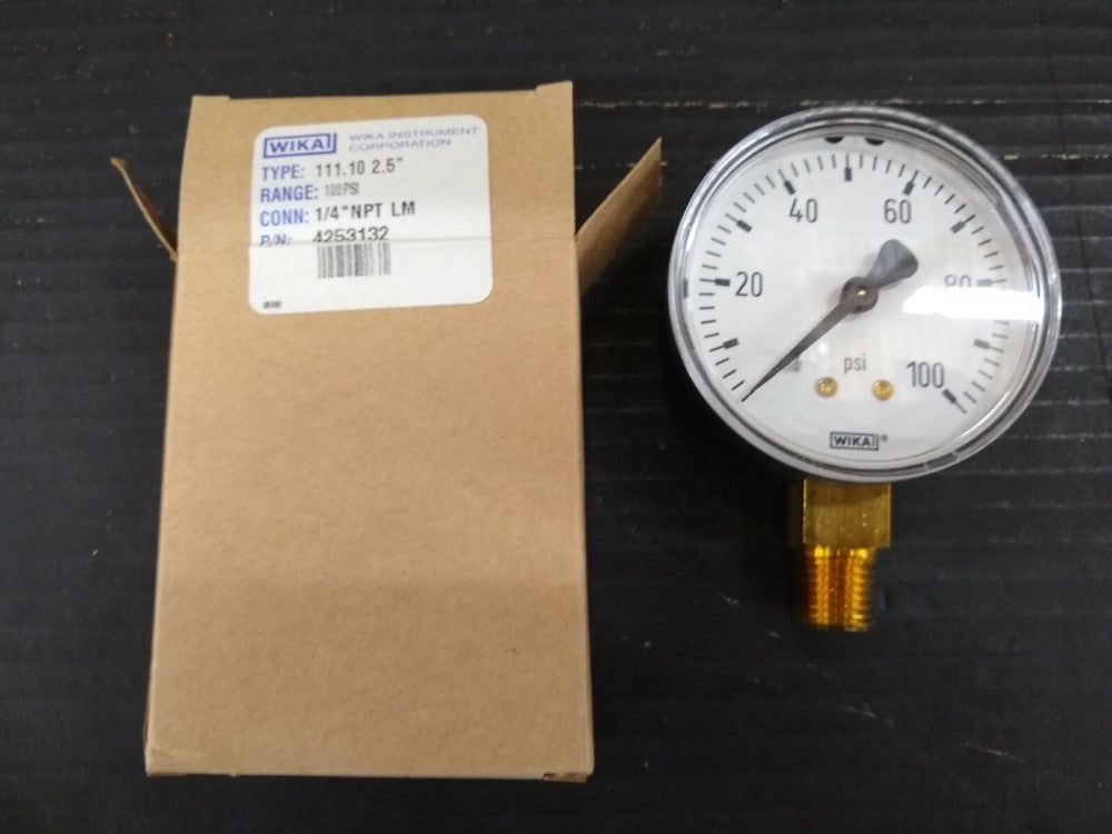 New, Wika, 111.10-2.5-LM-1/4NPT-0-100, 2.5" Gauge, LM, 1/4" NPT, 0-100 PSI