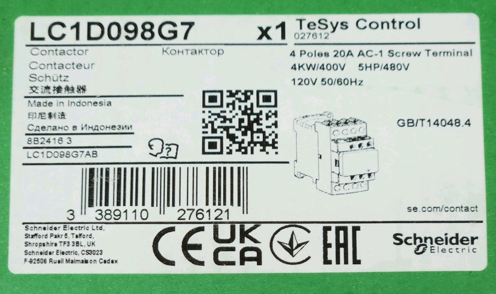 SCHNEIDER ELECTRIC LC1D098G7 4 Pole 20 AMP 4KW 120 VAC Tesys 027612 Contactor