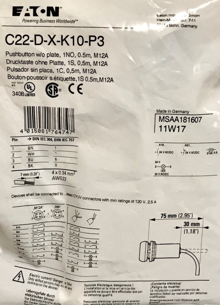EATON CUTLER HAMMER C22 D X K10 P3 IEC Pushbutton With Cable Assembly 60947-5-1