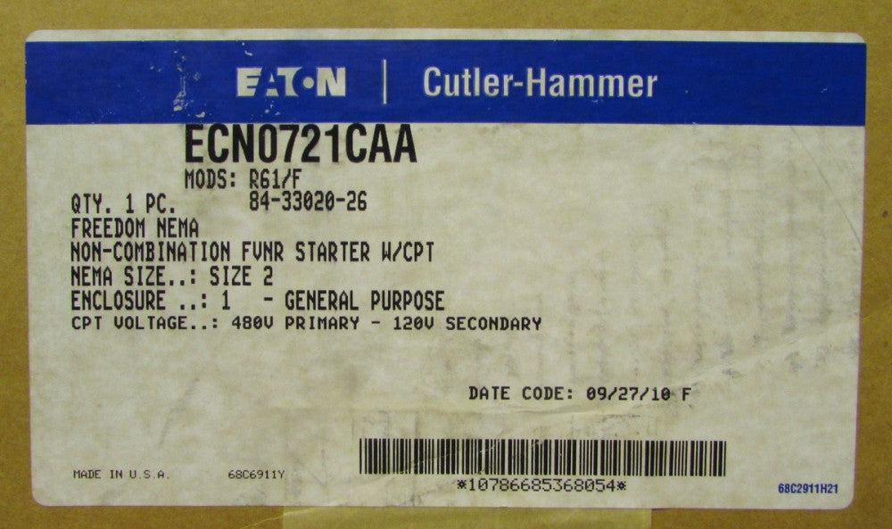 EATON CUTLER HAMMER ECN0721CAA Size 2 Starter AN14GN0 Nema 1 Enclosure Mod R61/F