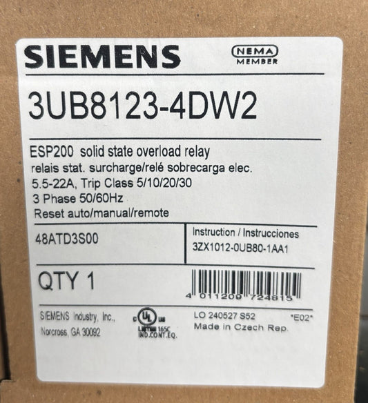 SIEMENS 48ATD3S00 Electronic ESP200 Overload Relay 5.5-22 AMP 3UB8123 4DW2