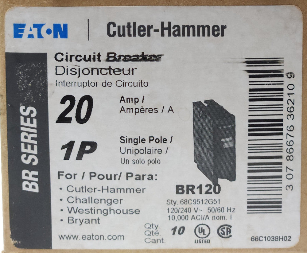 BOX OF 6 EATON CUTLER HAMMER BR120 Single Pole 20 AMP Type BR Circuit Breaker
