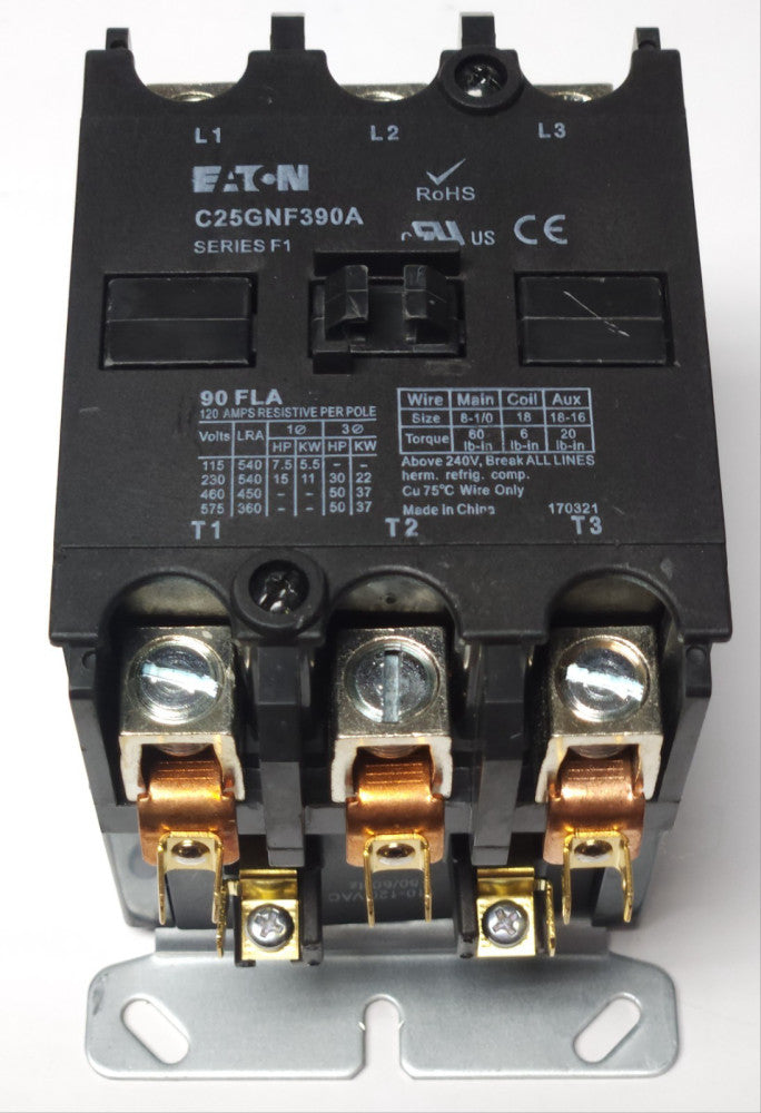 EATON C25GNF390A 3 Pole 90 AMP 120 VAC Definite Purpose Contactor