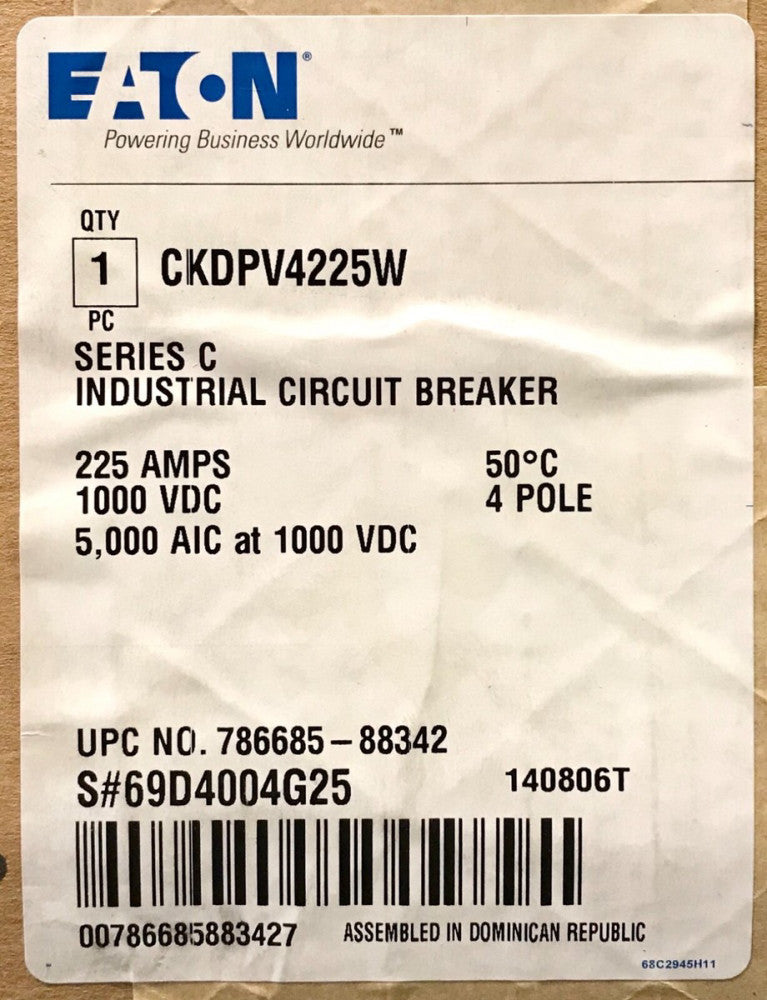 EATON CKDPV4225W 4 Pole 225 AMP CKD-PV Solar PV Circuit Breaker PVGARD
