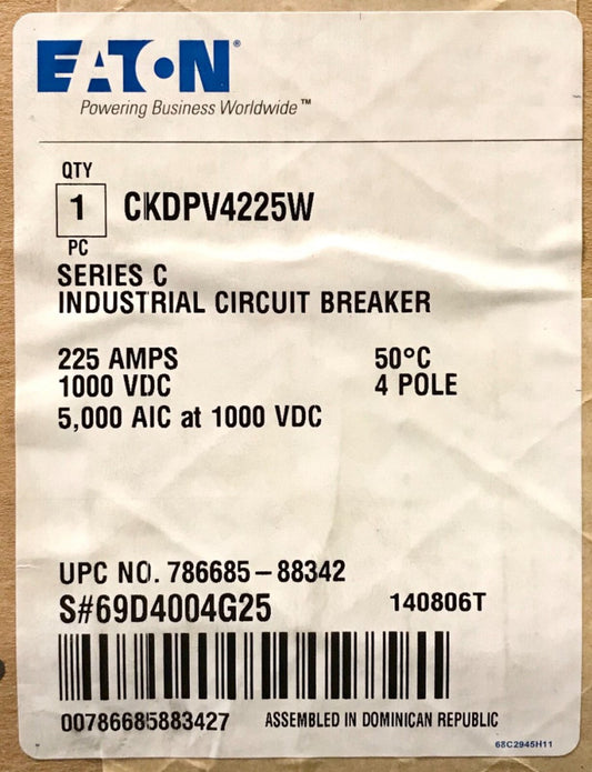 EATON CKDPV4225W 4 Pole 225 AMP CKD-PV Solar PV Circuit Breaker PVGARD